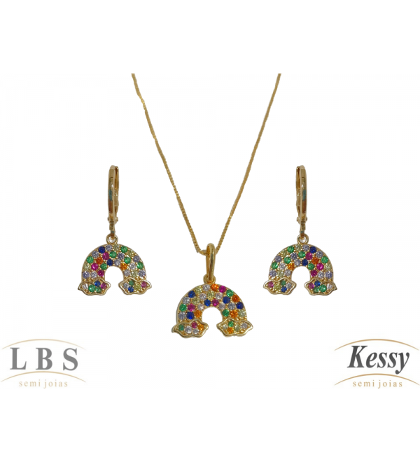 Conjunto LBS & Kessy Folheado Arco-íris Com Pedras 