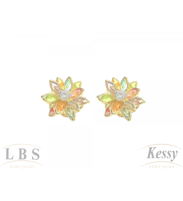 Brinco LBS & Kessy Folheado Flor + Pedras - 1,5cm  