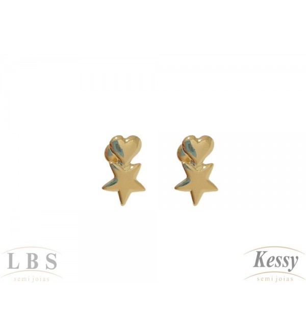 Brinco Infantil LBS & Kessy Folheado Coração + Estrela - 1cm 