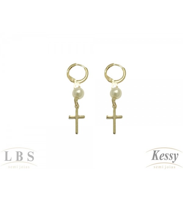 Argola LBS & Kessy Folheado Pendente Pérola + Cruz - 4cm