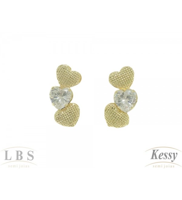 Brinco Ear Cuff LBS & Kessy Folheado Coração + Coração Com Pedra - 2cm