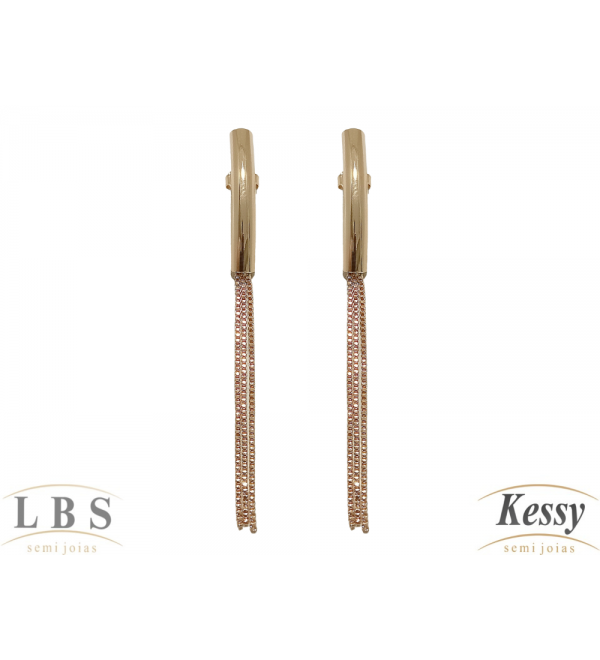 Brinco LBS & Kessy Folheado Moderno + Franja + Fios - 6,5cm 