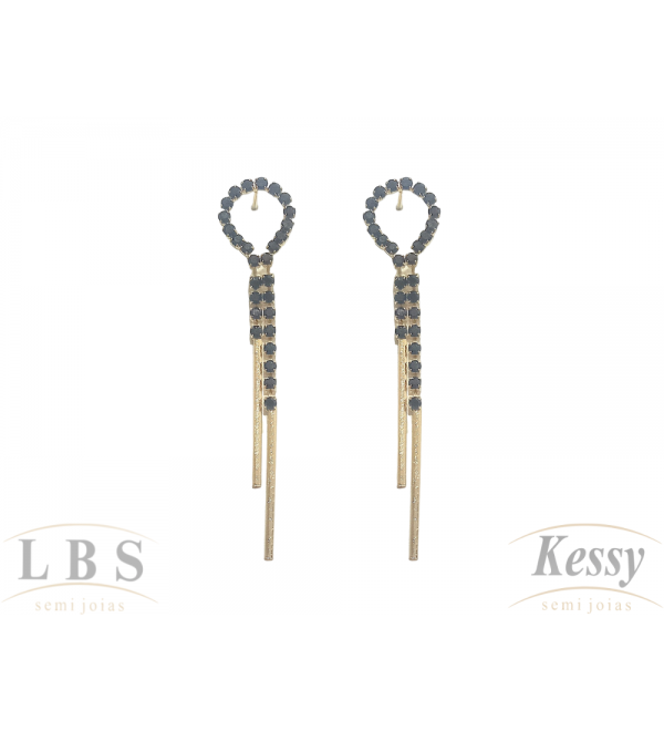 Brinco LBS & Kessy Folheado Pendente + Pedras Pretas - 6,5cm 