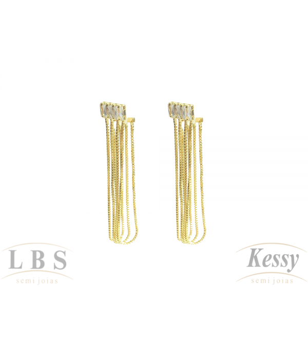 Brinco LBS & Kessy Folheado Pedras + Fios + Pendente - 4,5cm 