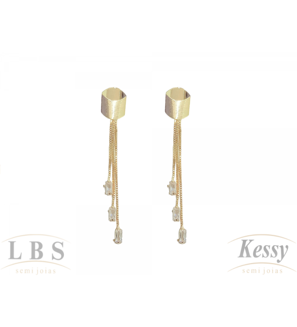 Brinco LBS & Kessy Folheado Pendente + Pedra + Fios - 6,5cm 