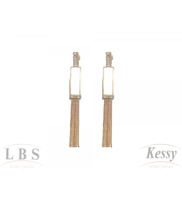 Brinco LBS & Kessy Folheado Pendente + Pedra + Fios - 7,5cm 