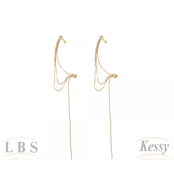 Brinco Ear Cuff LBS & Kessy Folheado Pedra + Fio - 14cm 