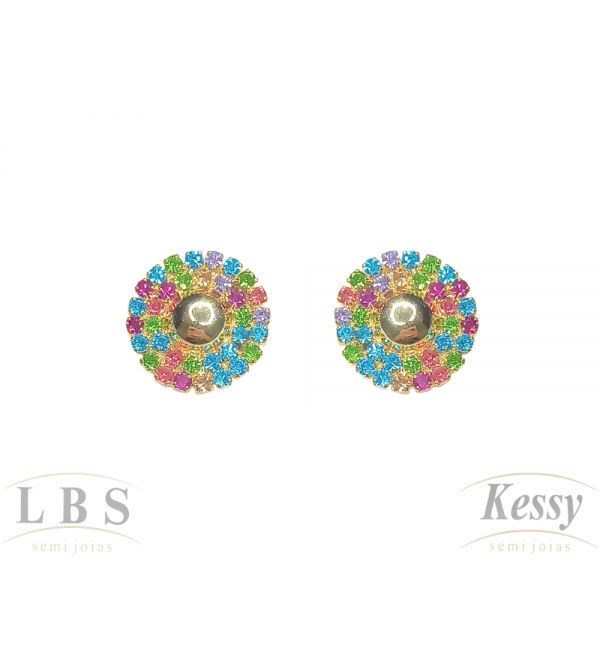 Brinco LBS & Kessy Folheado Flor + Pedras Coloridas - 1,5cm