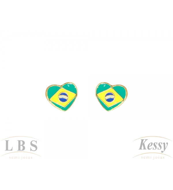 Brinco LBS & Kessy Folheado Brasil + Coração - 0,8cm