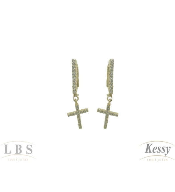 Argola LBS & Kessy Folheado Cruz Com Pedras - 2,9cm