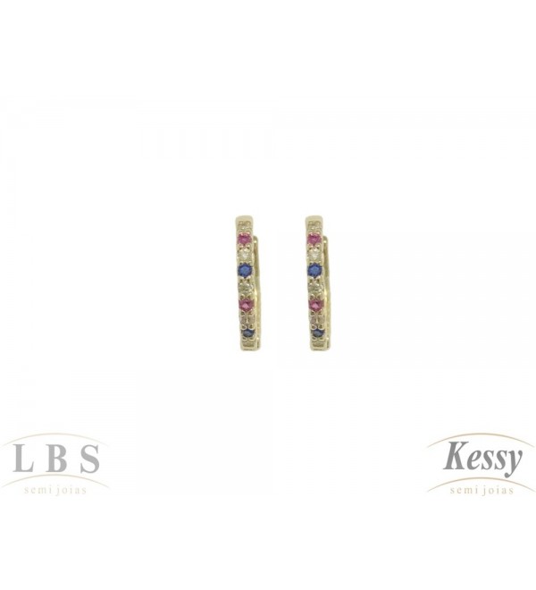  Argola LBS & Kessy Folheado Com Pedras Coloridas - 1,5cm