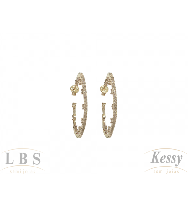  Argola LBS & Kessy Folheado Trabalhada + Pedras - 3cm 