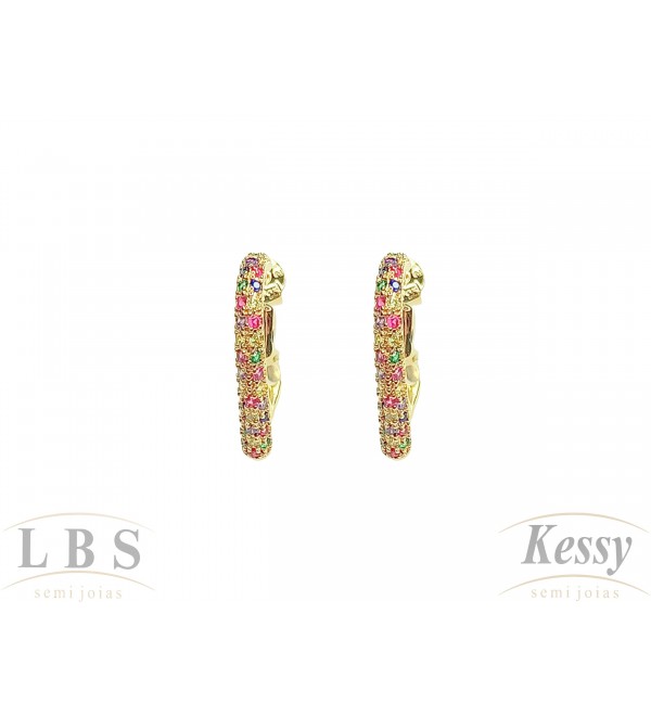  Argola LBS & Kessy Folheado Coração Pedras Coloridas - 2cm 