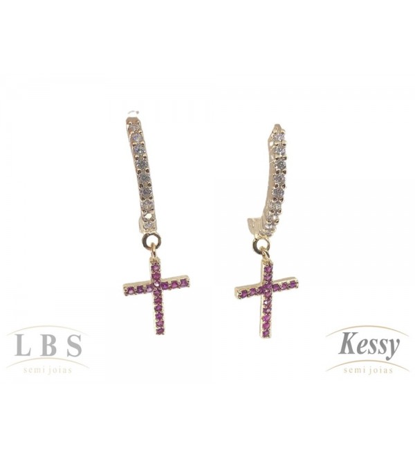 Argola LBS & Kessy Folheado com Pedras + Cruz - 2,5cm