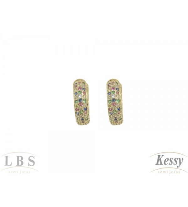  Argola LBS & Kessy Folheado Com Pedras Coloridas - 1,4cm