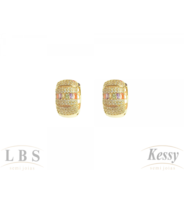  Argola LBS & Kessy Folheado Micro Zircônias + Zircônias Coloridas - 1,5cm   