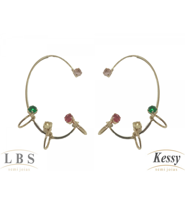 Brinco Ear Cuff LBS & Kessy Folheado Pedra Colorida