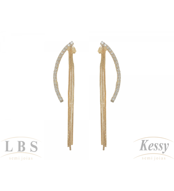 Brinco Ear Cuff LBS & Kessy Folheado Pedra + Fios - 6,5cm  