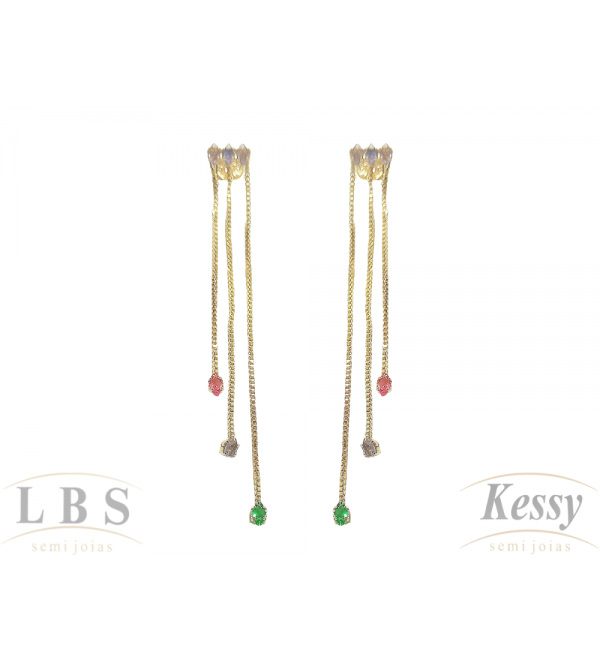 Brinco LBS & Kessy Folheado Pendente + Pedras Coloridas + Fios - 5,5cm 