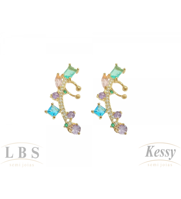 Brinco Ear Cuff LBS & Kessy Folheado Pedra + Colorida - 3cm 
