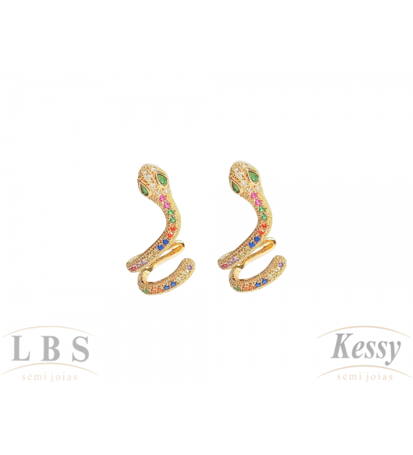 Brinco Ear Cuff LBS & Kessy Folheado Cobra + Pedras (Zircônia) - 3cm 