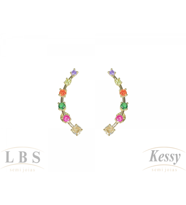Brinco Ear Cuff LBS & Kessy Folheado Pedras Coloridas (Zircônia) - 3cm