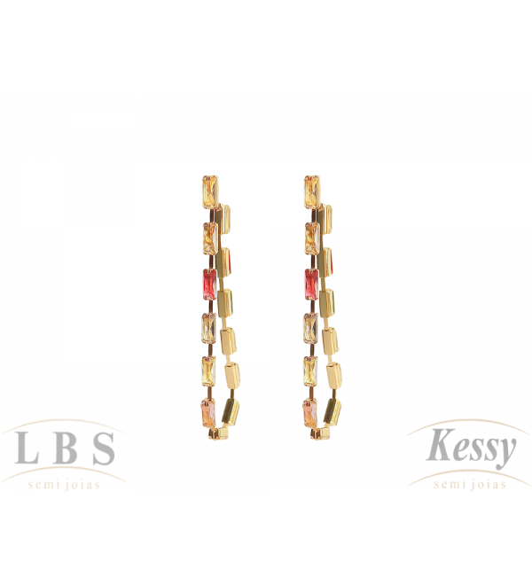 Brinco LBS & Kessy Folheado Pendente + Pedras Coloridas - 6cm 