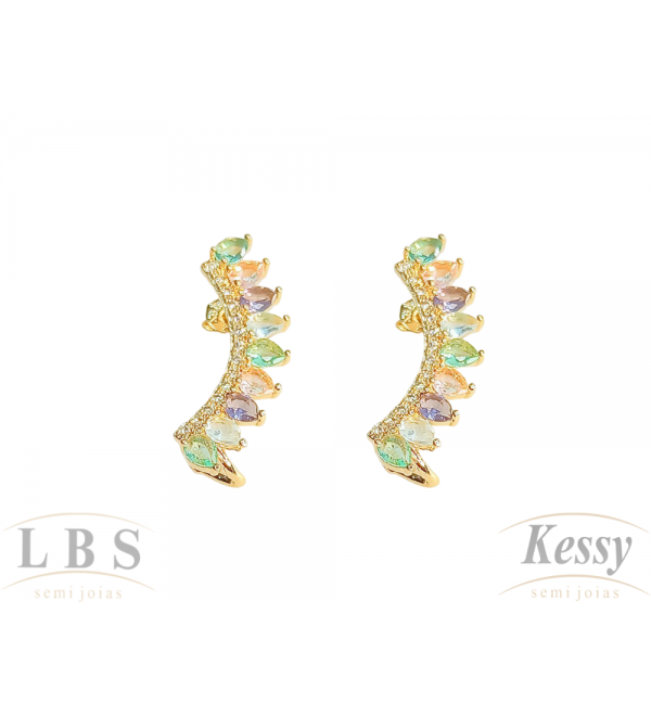 Brinco Ear Cuff LBS & Kessy Folheado Pedras Coloridas - 2,8cm 