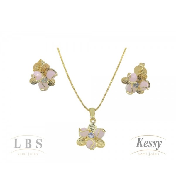 Conjunto LBS & Kessy Folheado Flor + Pérola + Pedra