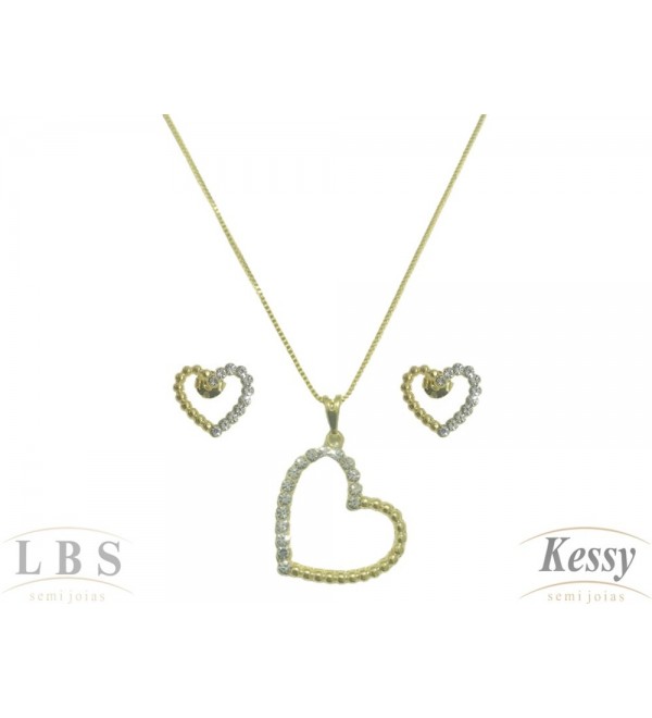 Conjunto LBS & Kessy Folheado Coração Com Pedras 