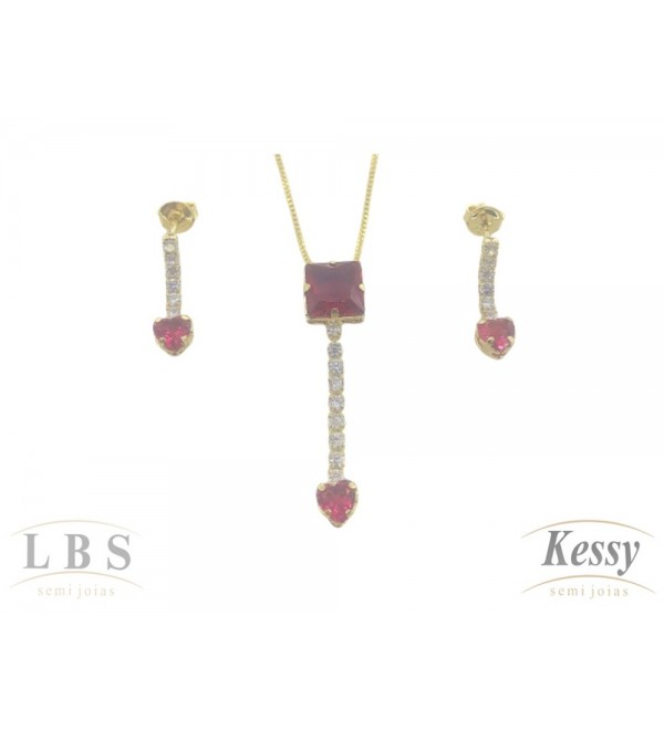 Conjunto LBS & Kessy Folheado Pendente + Coração + Pedra