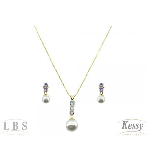 Conjunto LBS & Kessy Folheado Com Pedra + Pérola