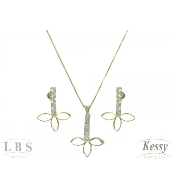 Conjunto LBS & Kessy Folheado Pendente Com Pedras + Flor