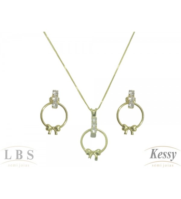 Conjunto LBS & Kessy Folheado Pendente Argola Com Pedras + Laço