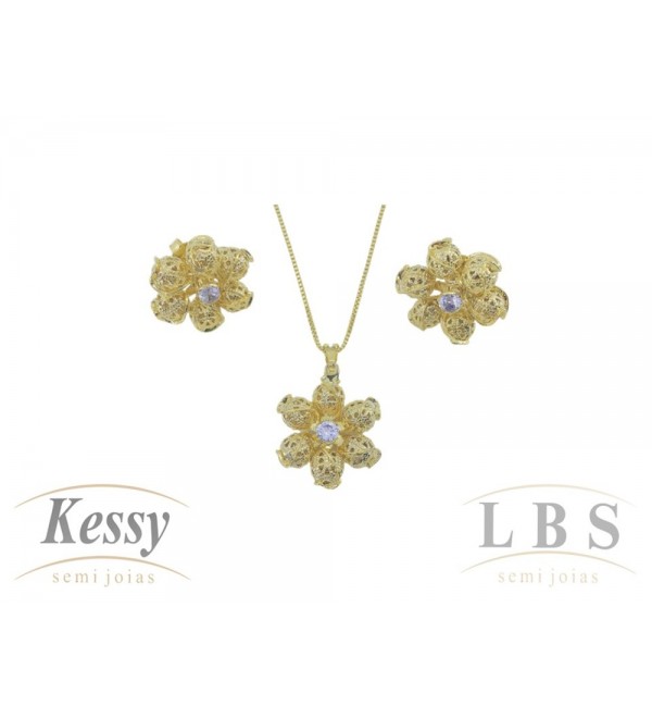 Conjunto LBS & Kessy Folheado Flor + Pedra