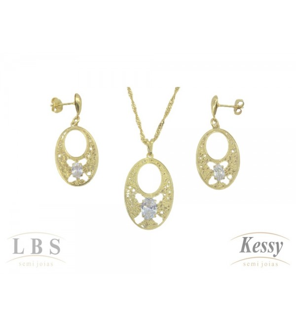 Conjunto LBS & Kessy Folheado Pendente Pedra