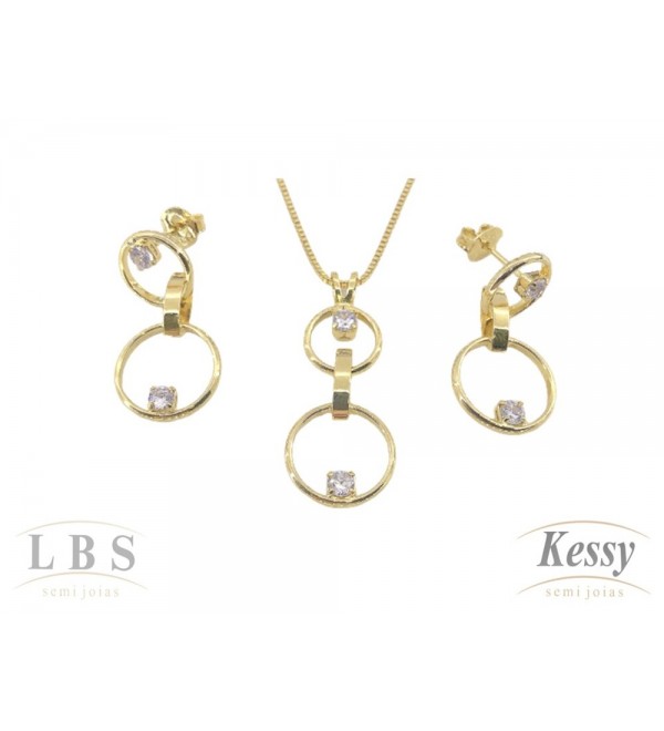 Conjunto LBS & Kessy Folheado Pendente + Pedra + Círculo Vazado