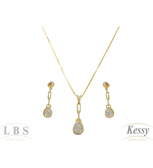 Conjunto LBS & Kessy Folheado Pendente Com Pedras 