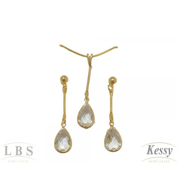 Conjunto LBS & Kessy Folheado Pendente Com Pedras  