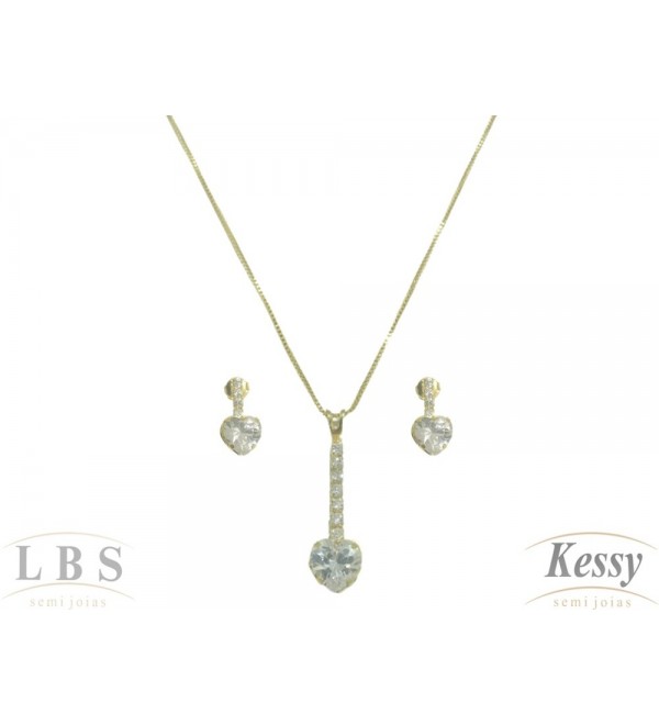 Conjunto LBS & Kessy Folheado Pendente Coração Com Pedras