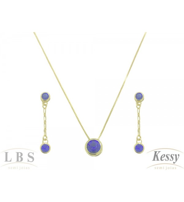 Conjunto LBS & Kessy Folheado Pendente Com Pedra