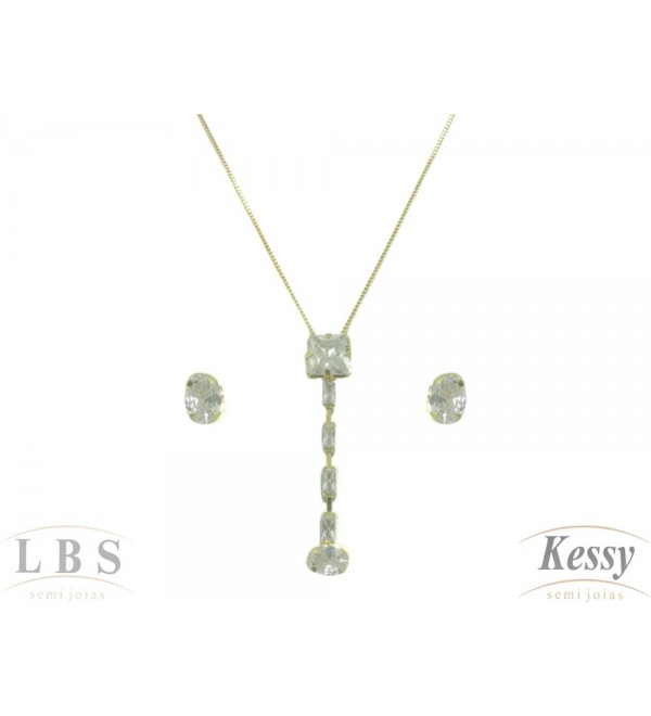 Conjunto LBS & Kessy Folheado Pendente Com Pedras