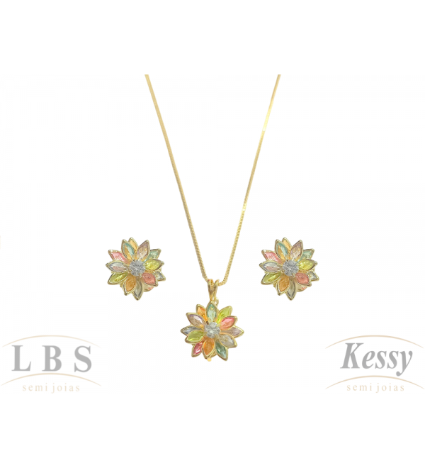 Conjunto LBS & Kessy Folheado Flor + Pedras Coloridas