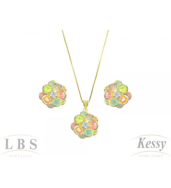 Conjunto LBS & Kessy Folheado Flor + Pedra Colorida