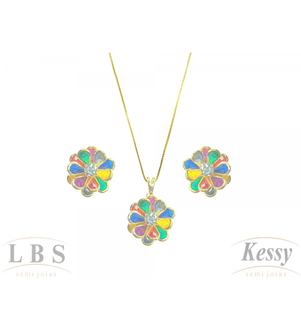 Conjunto LBS & Kessy Folheado Flor + Pedra Colorida