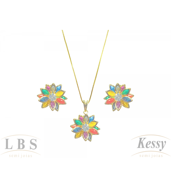 Conjunto LBS & Kessy Folheado Flor + Pedra Colorida