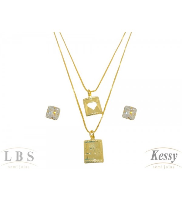 Conjunto LBS & Kessy Folheado Love + Coração + Pedra