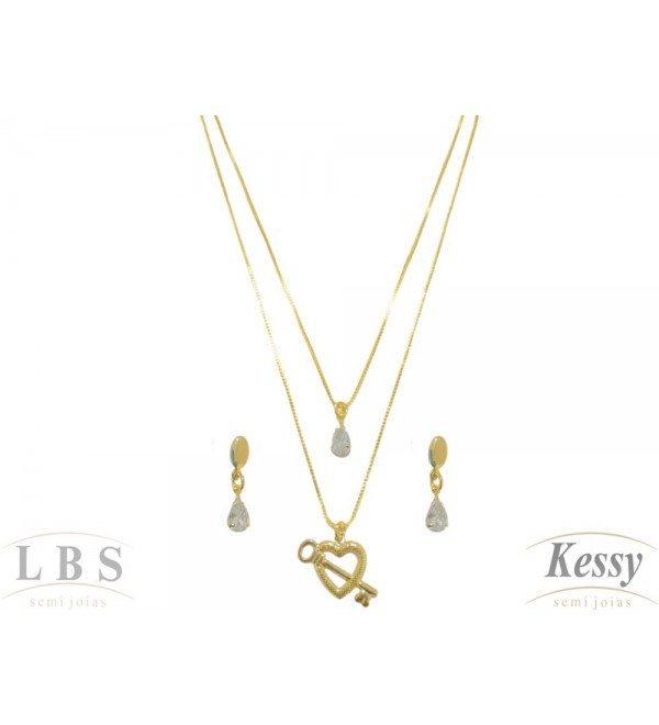 Conjunto LBS & Kessy Folheado Coração + Chave + Pedra