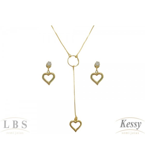 Conjunto LBS & Kessy Folheado Pendente Com Pedra + Coração