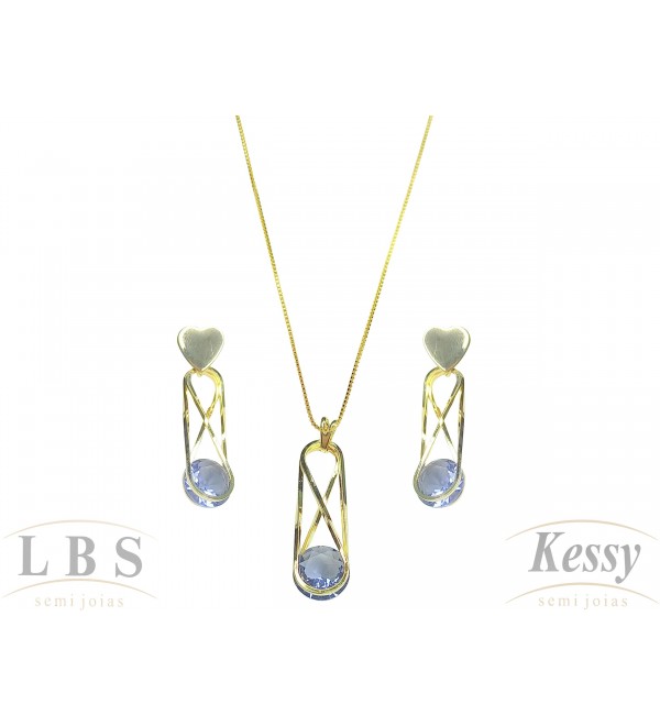 Conjunto LBS & Kessy Folheado Pendente + Coração + Pedra Cores